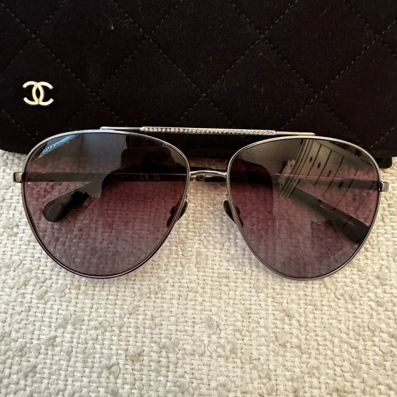 CHANEL | Accessories | Chanel Silver Aviator Sunglasses With  display picture 3